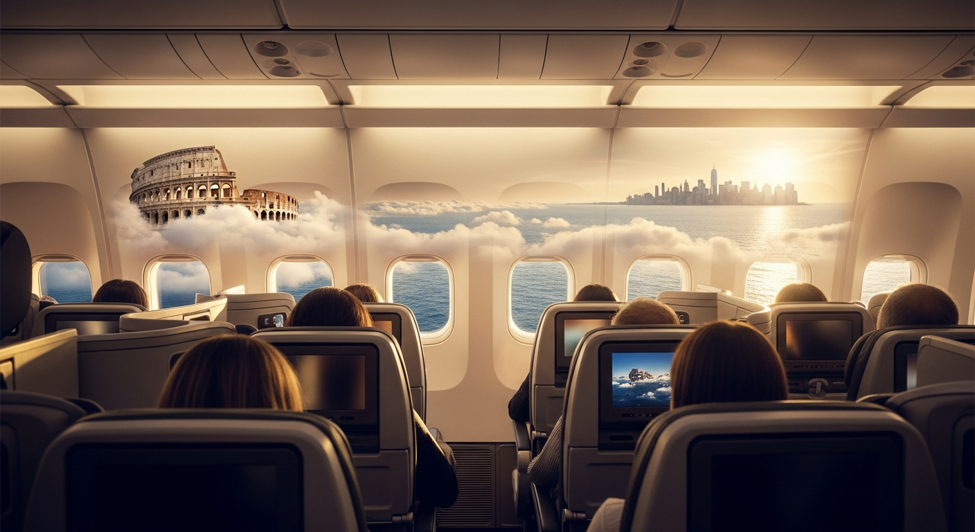 ITA Airways modern aircraft flying over Atlantic Ocean on Rome to New York transatlantic route