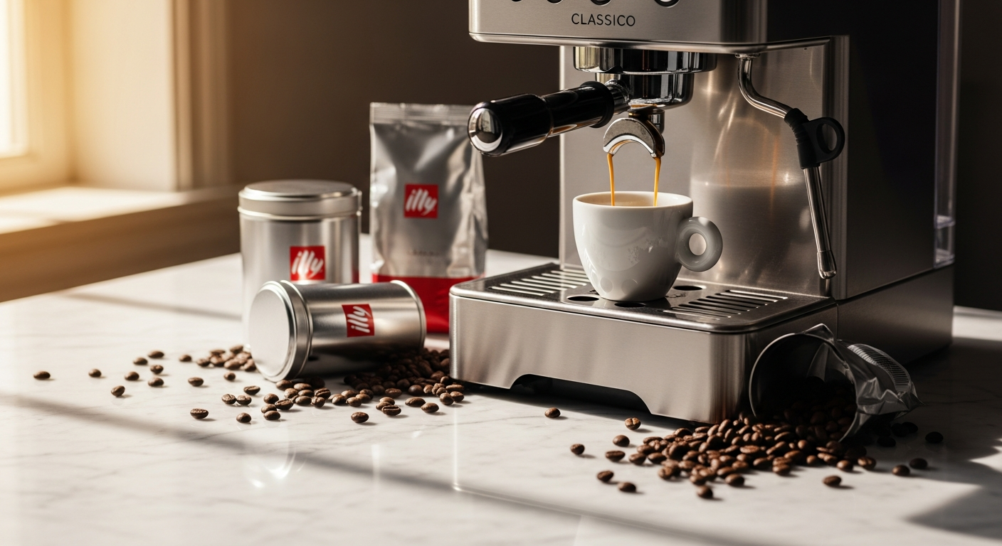 Illy Classico Medium Roast whole bean coffee in premium tin with espresso cup and grinder