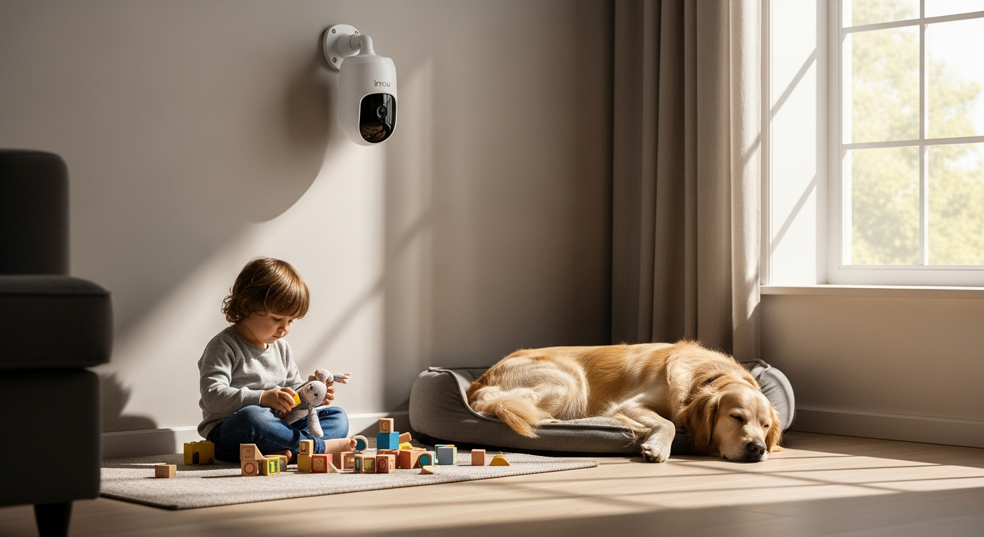Imou Ranger 2C indoor security camera mounted on wall with 360-degree pan-tilt capability