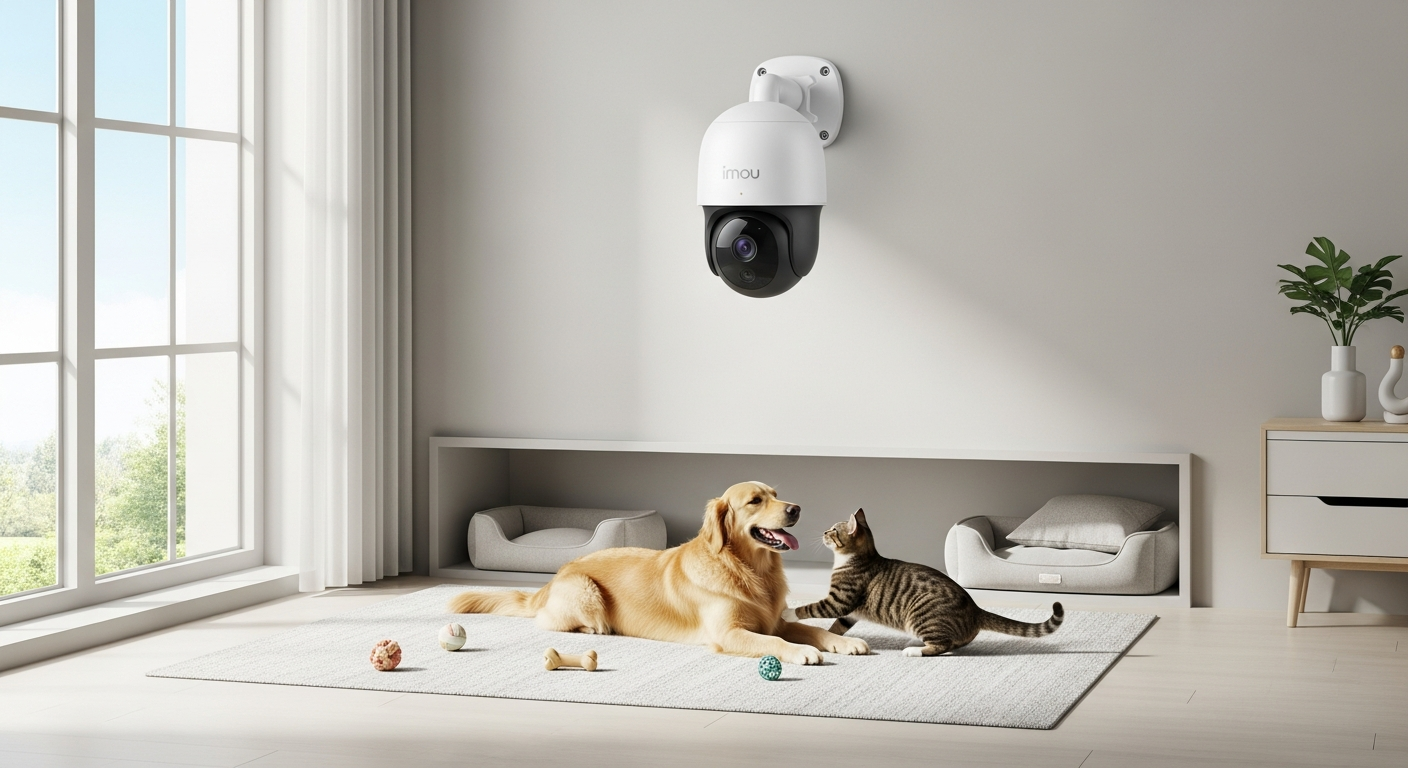 Imou Ranger 2 smart indoor camera mounted on wall monitoring pet in living room