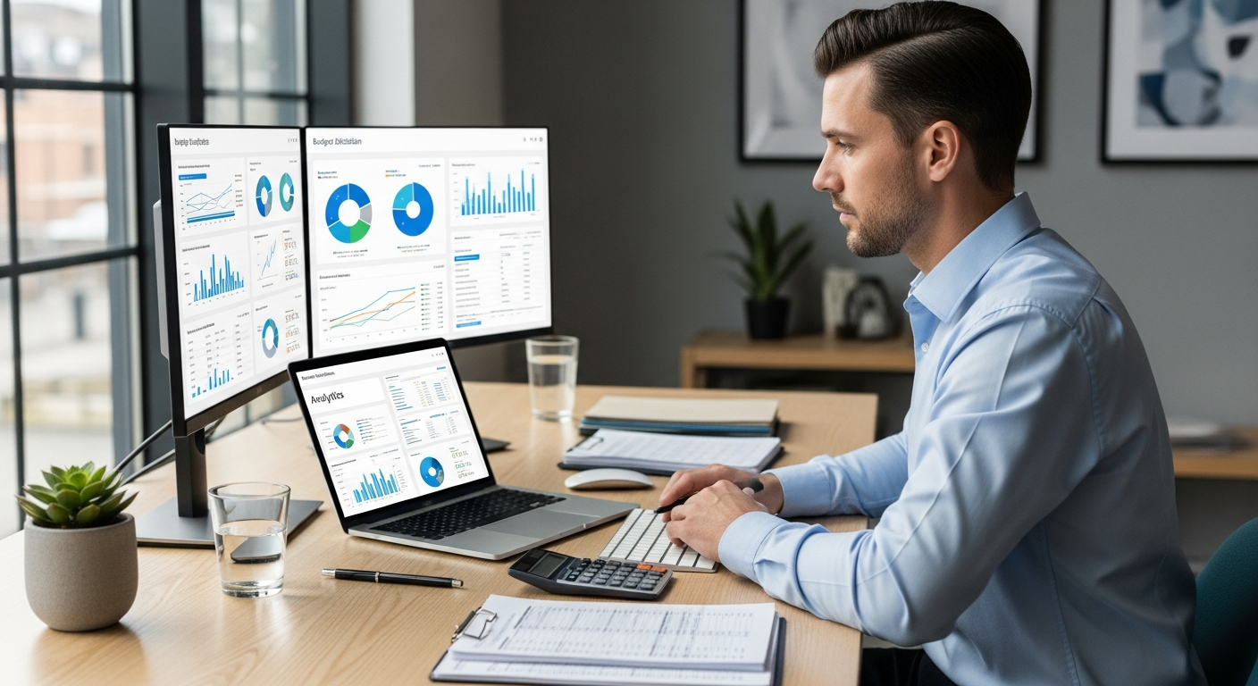 Marketing director analyzing incremental CPA metrics on dashboard for budget optimization