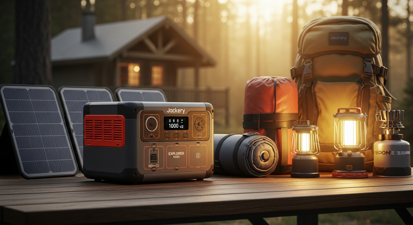 Jackery Explorer 1000 v2 portable power station in outdoor off-grid cabin setting