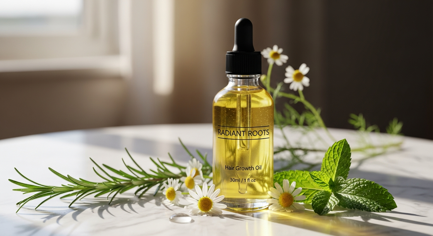 Kaleidoscope Miracle Drops Hair Growth Oil bottle with botanical ingredients displayed