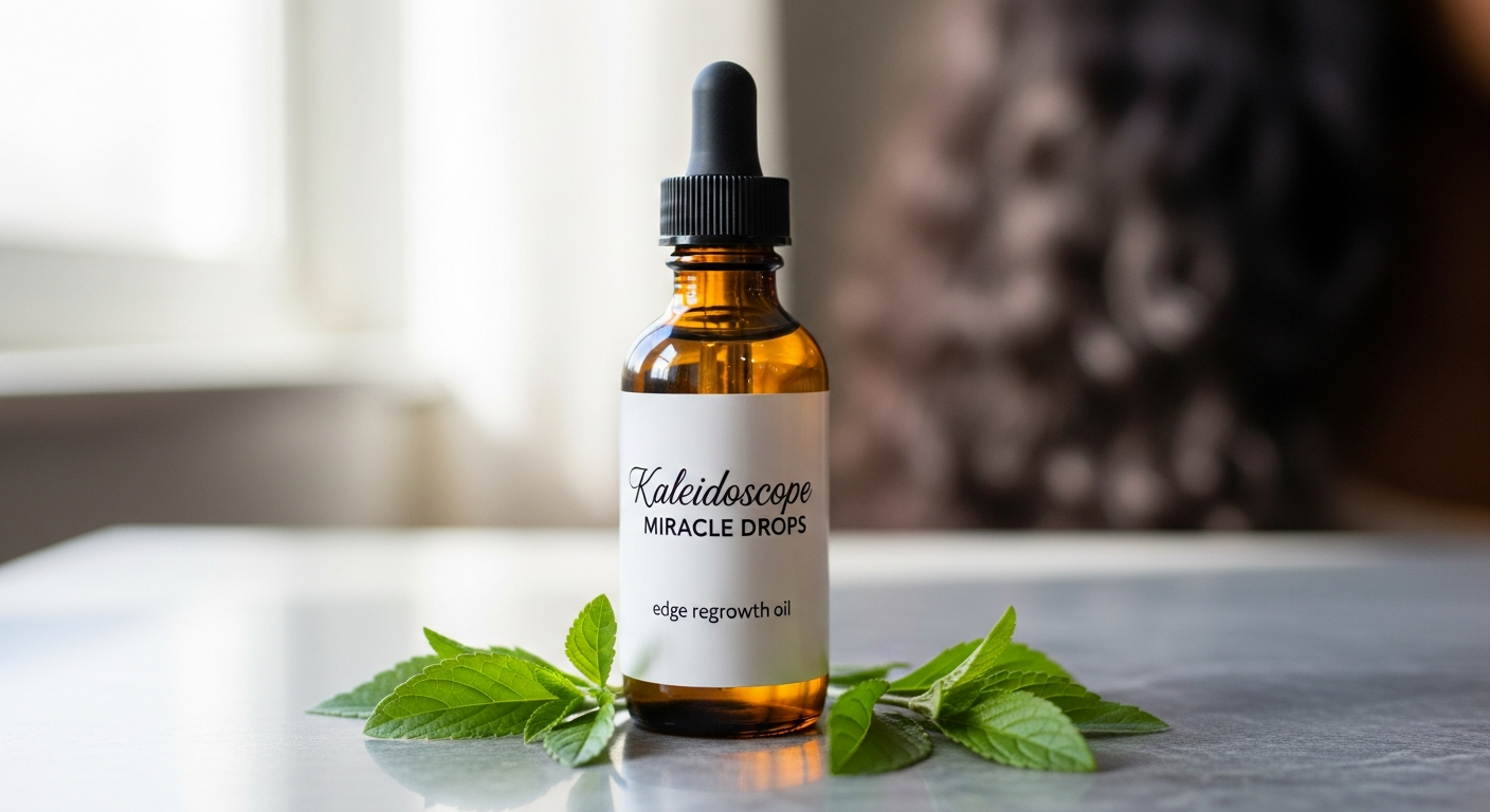 Kaleidoscope Miracle Drops hair growth oil bottle with peppermint and tea tree ingredients