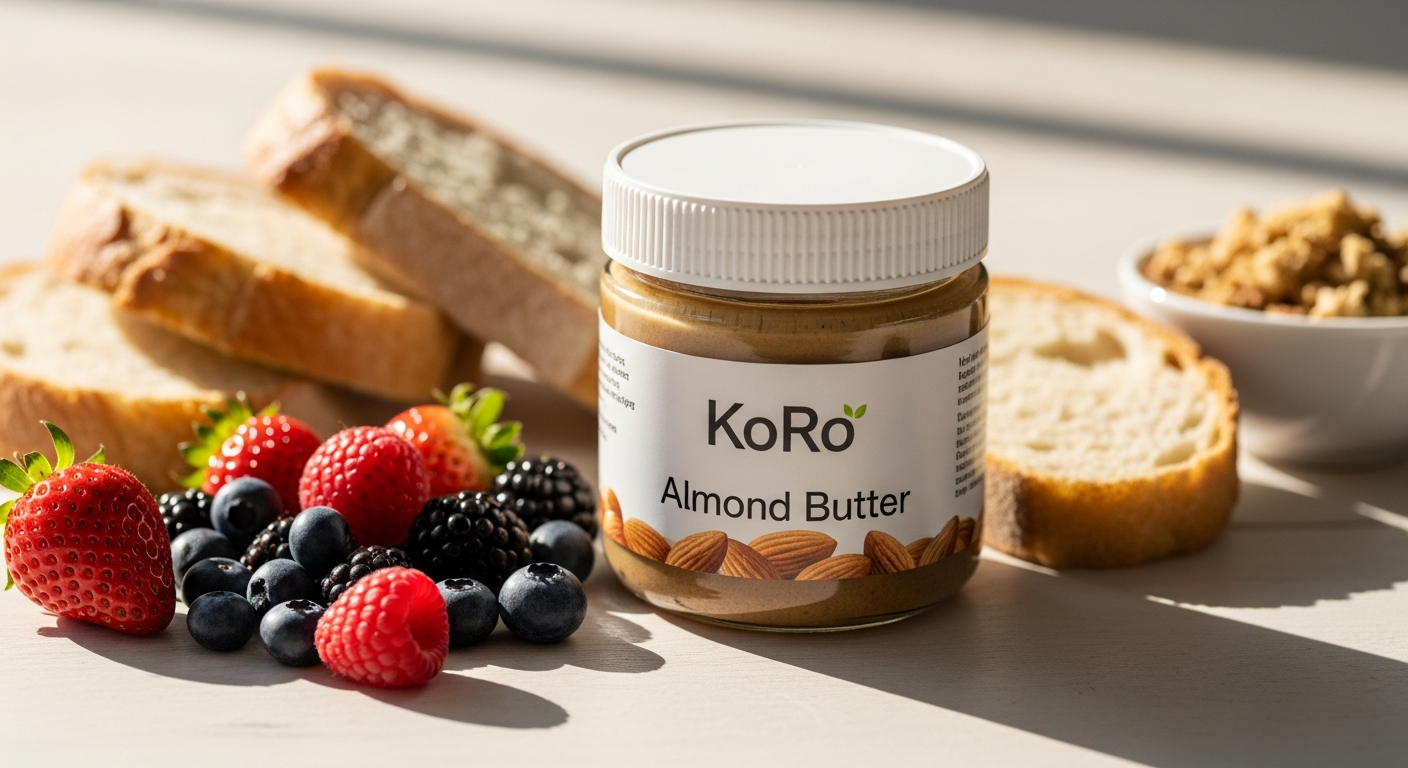 KoRo White Almond Butter 500g jar displayed with fresh almonds and recipe ingredients