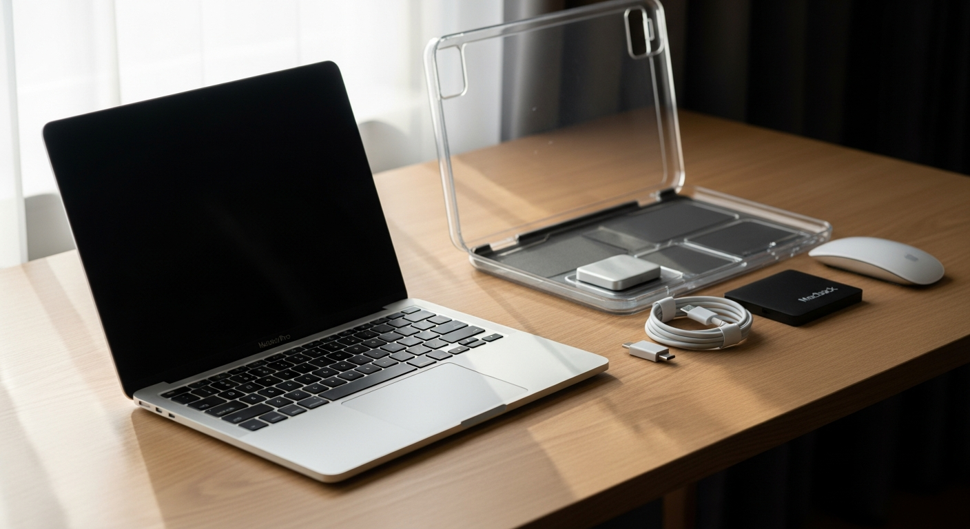 MacBook laptop displayed on desk showing trade-in service interface