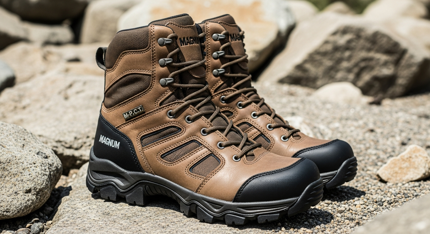 Magnum Viper Pro 8.0 tactical boots displayed on professional security uniform background