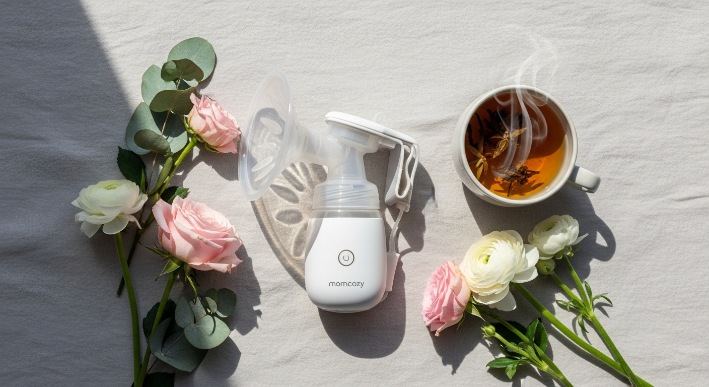 Momcozy M5 wearable breast pump displayed with carrying case and accessories