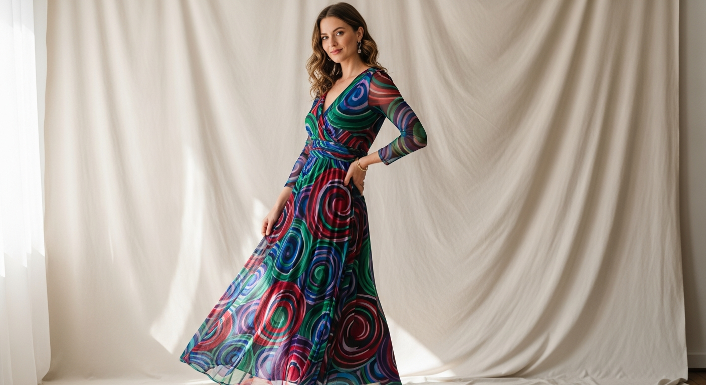 Murci Isola Swirl Mesh Maxi Dress in elegant swirl pattern displayed on model