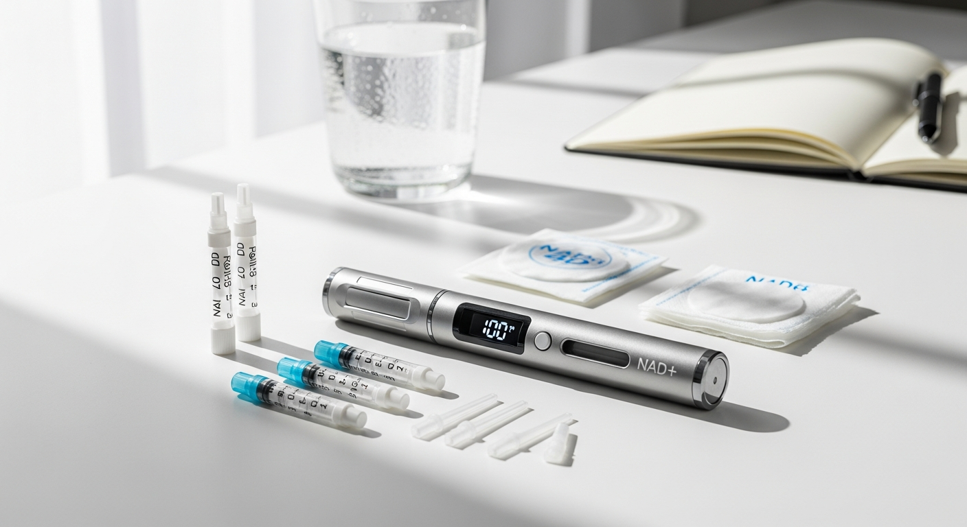 NAD+ auto-injector pen kit with refillable cartridge and injection mechanism displayed