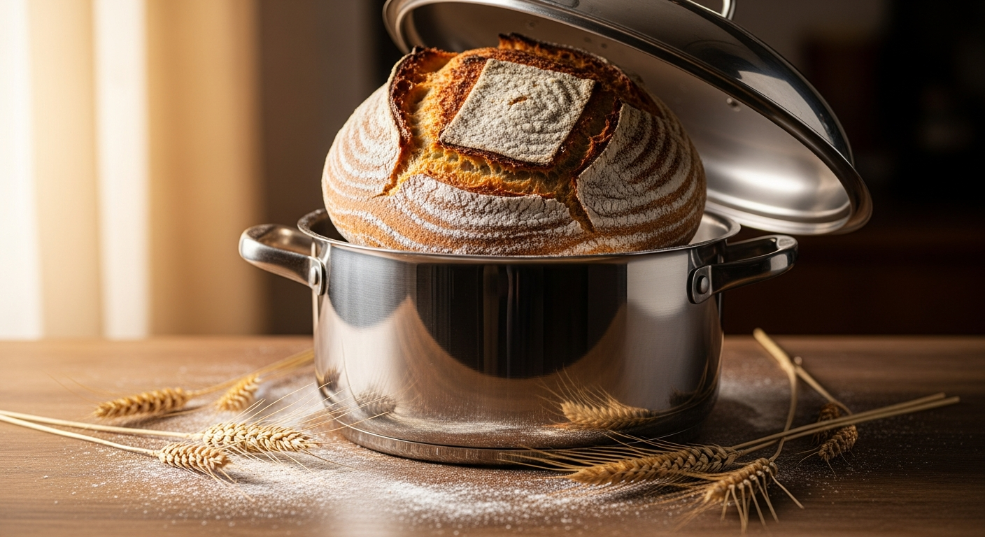 Nuovva enamelled cast iron Dutch oven with self-basting lid on kitchen counter