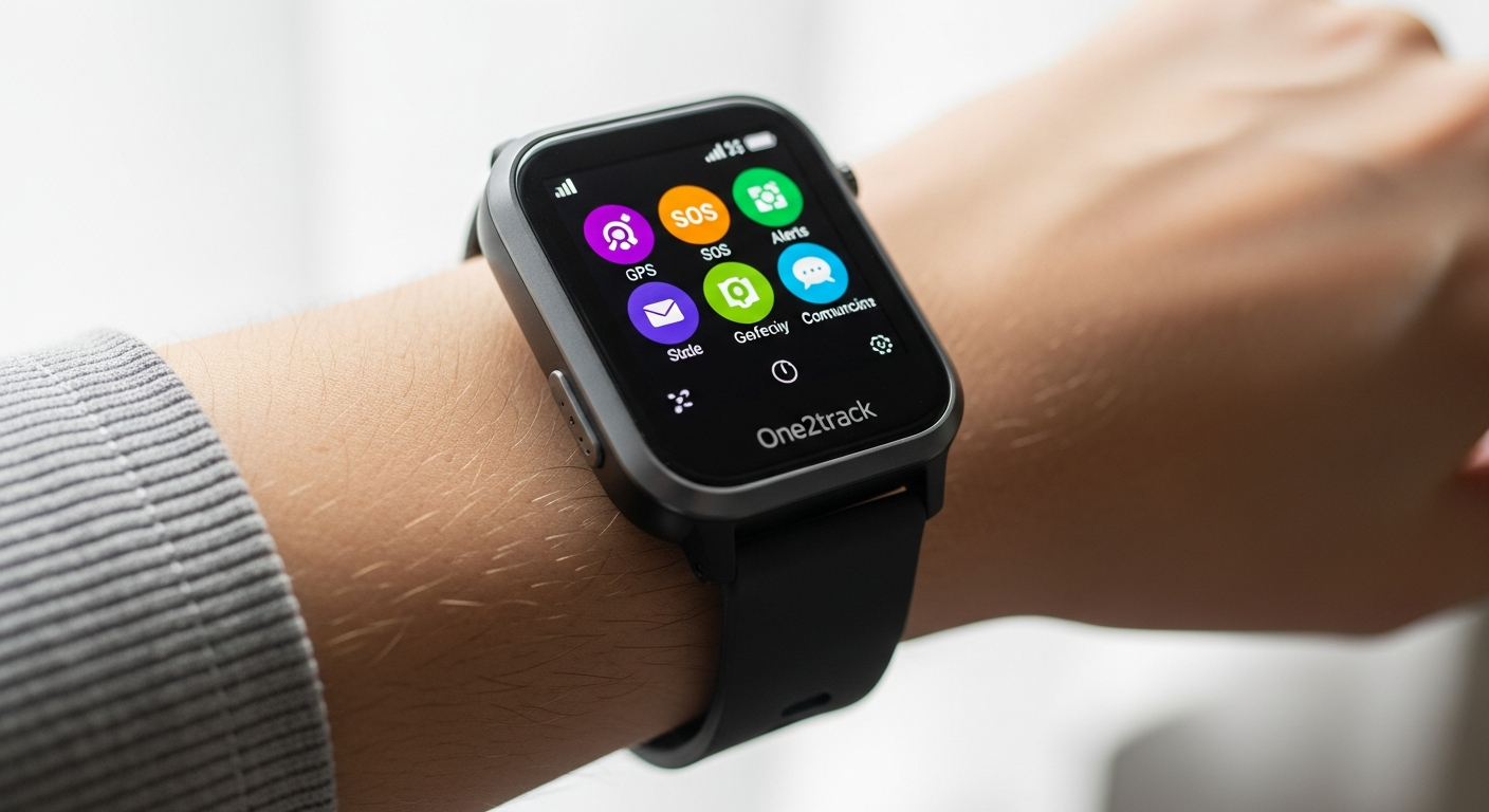 One2track Connect UP GPS smartwatch displayed on child's wrist showing safety features