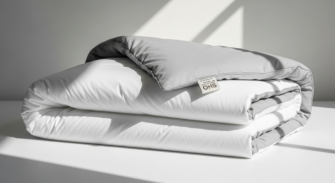 OHS Reversible Coverless Duvet Set displayed on a neatly made bed showing both color sides