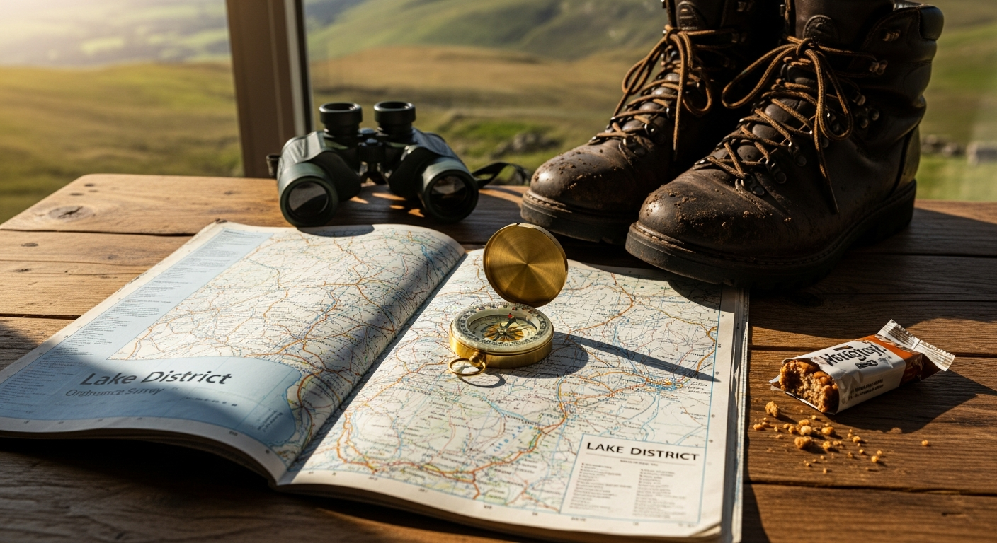 Ordnance Survey Explorer Map with orange cover displayed on hiking trail
