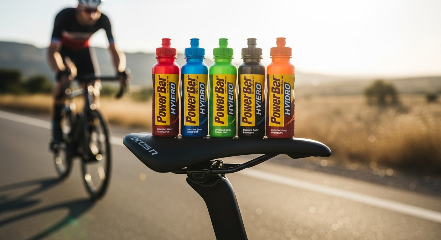 PowerBar PowerGel Hydro energy gel packets displayed with cycling water bottle and gear