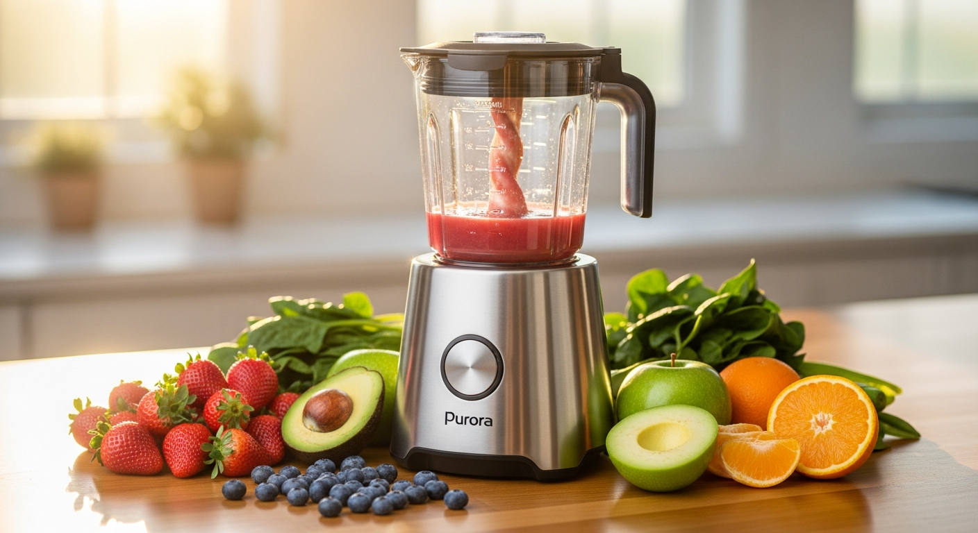 Purora Mixer blending fresh ingredients into a creamy smoothie in glass container