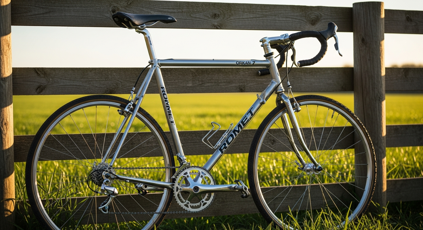 Romet Orkan 7 CS cross bike with aluminum frame and front suspension displayed outdoors