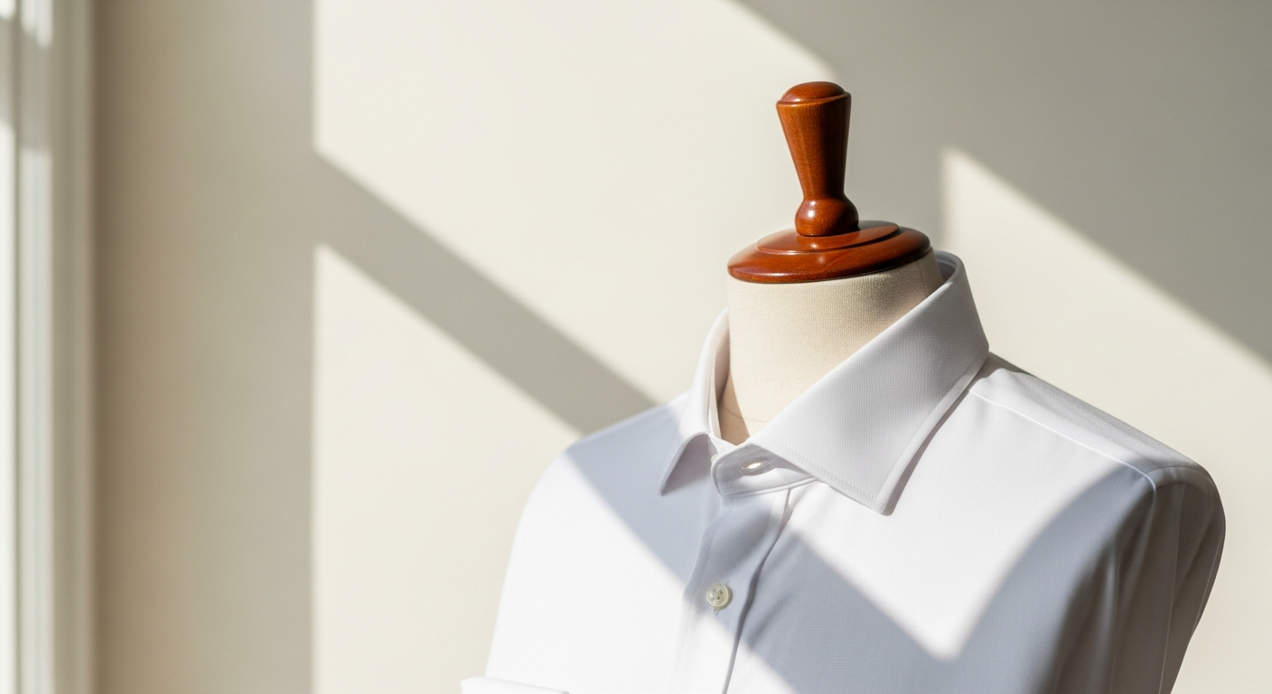 Crisp white formal dress shirt displayed on professional mannequin