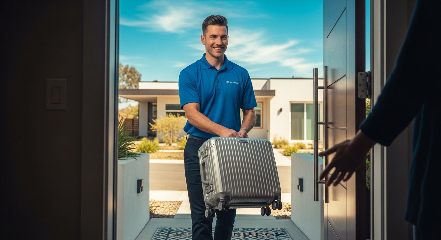 Sinmaletas door-to-door luggage shipping service delivery truck at residential address