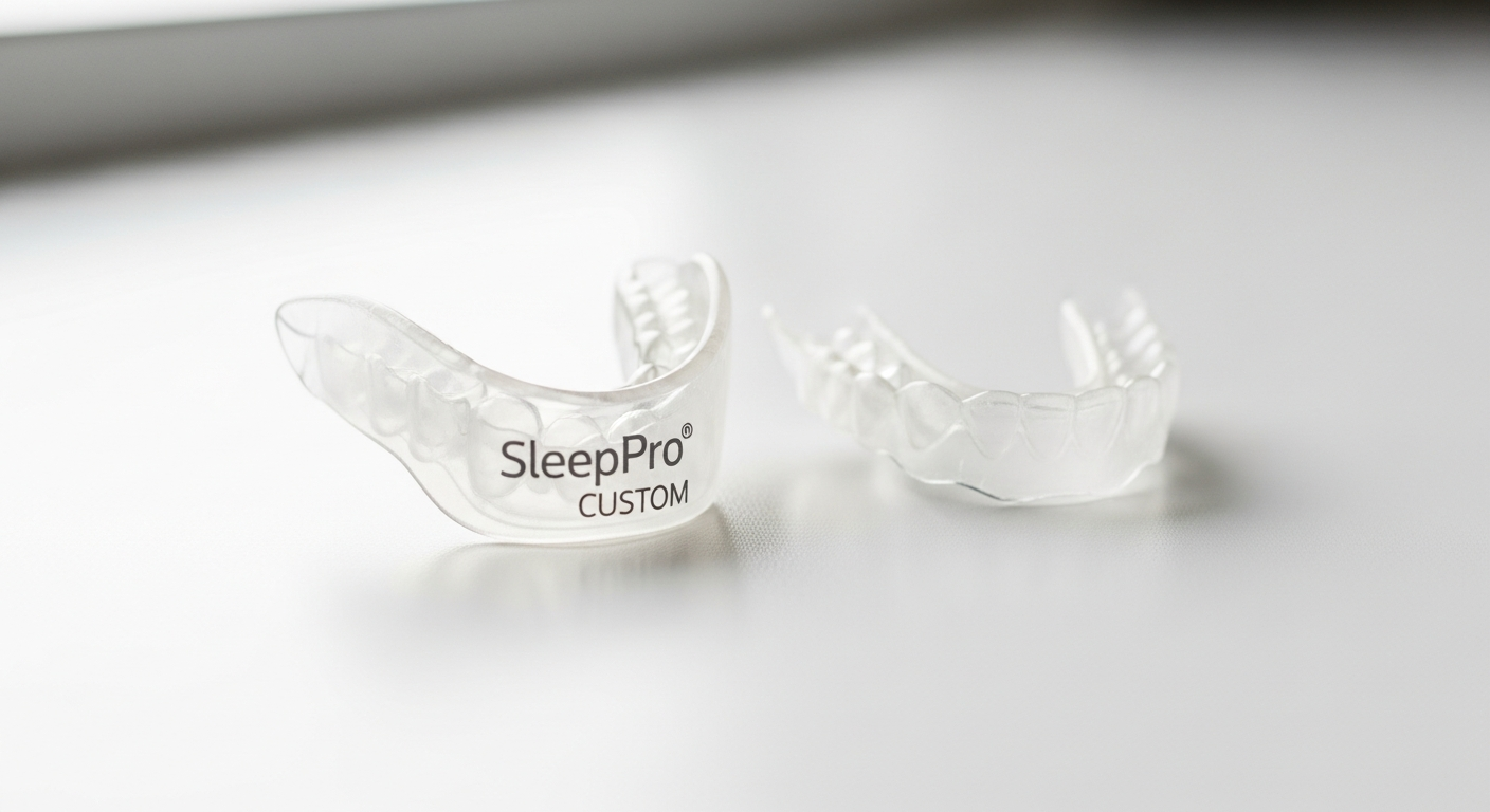 SleepPro Custom AM anti-snoring mouthpiece displayed next to dental tools