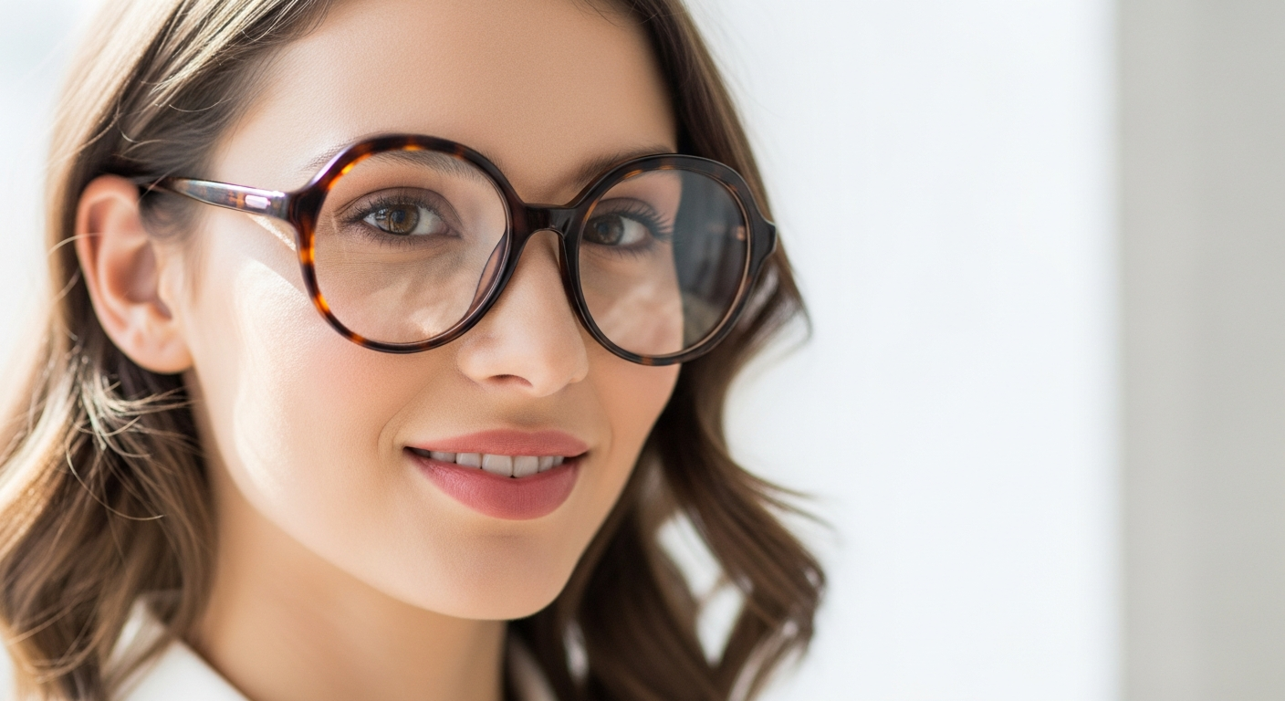 Fletcher Round Glasses in matte dark gray on petite face shape model