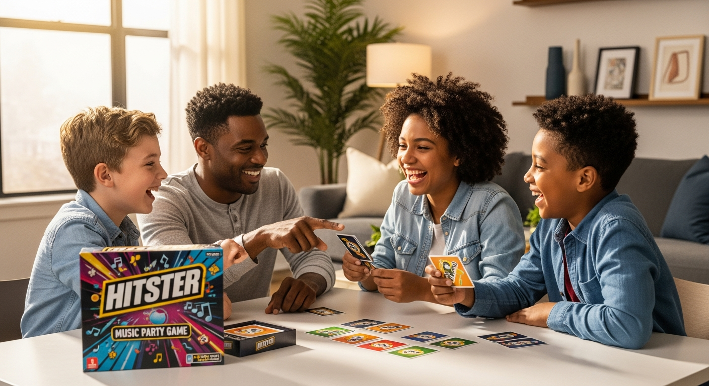 Colorful Hitster Music Party Game cards and tokens spread on table with smartphone