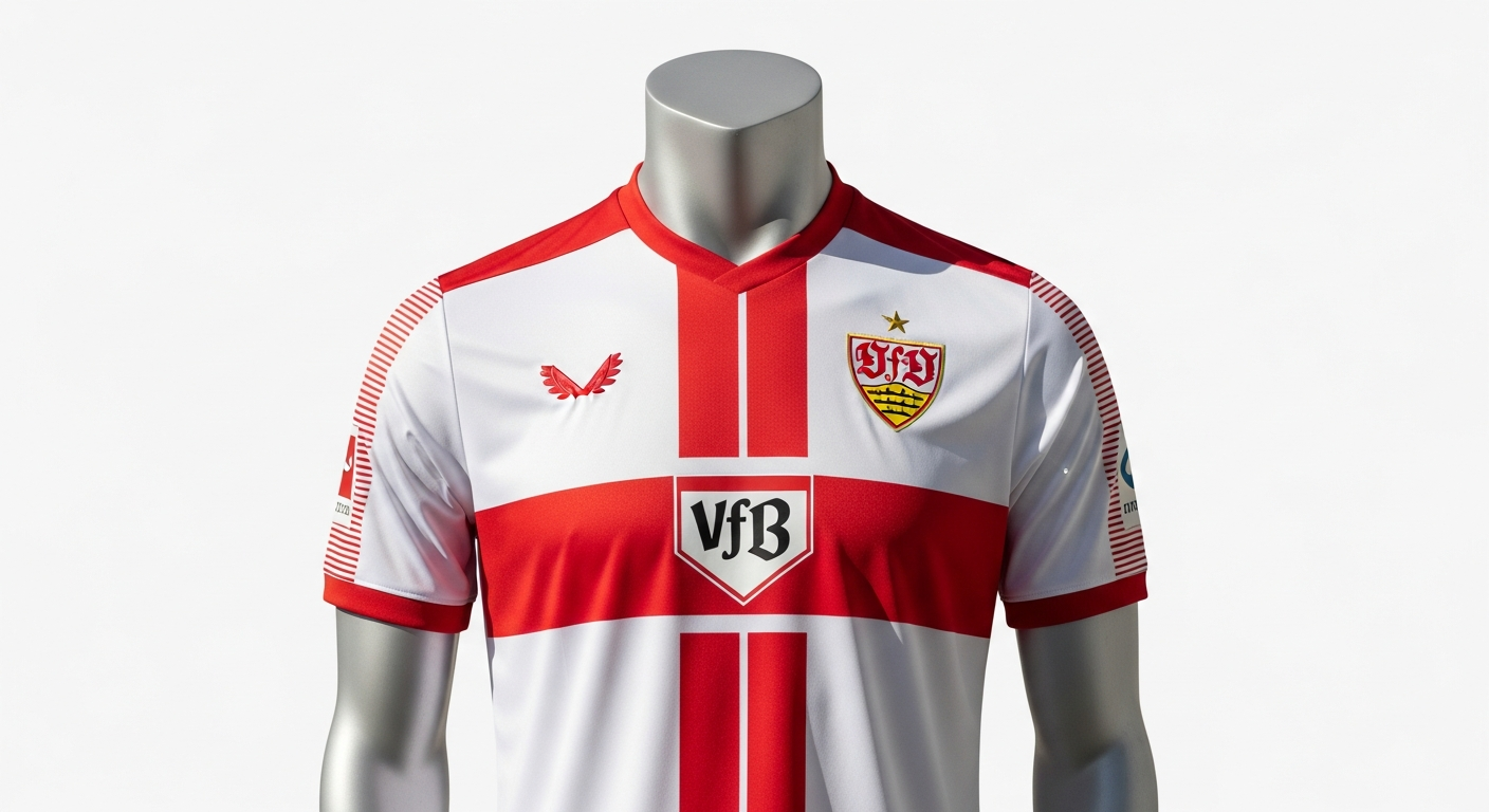 Official VfB Stuttgart red and white home jersey with Brustring chest design displayed on mannequin
