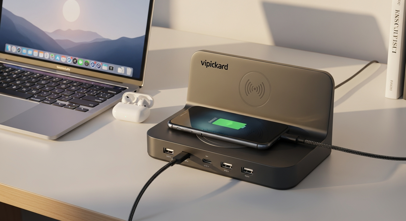 Vinnic Spickard 5-in-1 pixel art charging station with LED lights on dorm desk
