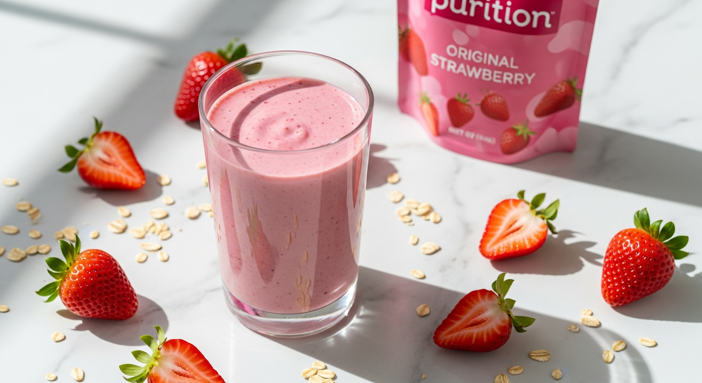 W-Wellness Purition Original Strawberry meal replacement powder in pink packaging