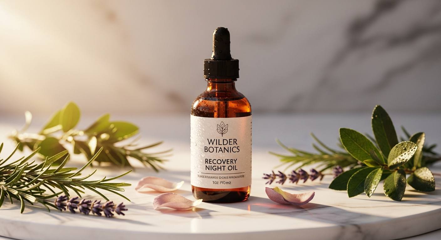 Wilder Botanics Award-Winning Recovery Night Facial Oil bottle with botanical ingredients and rose petals