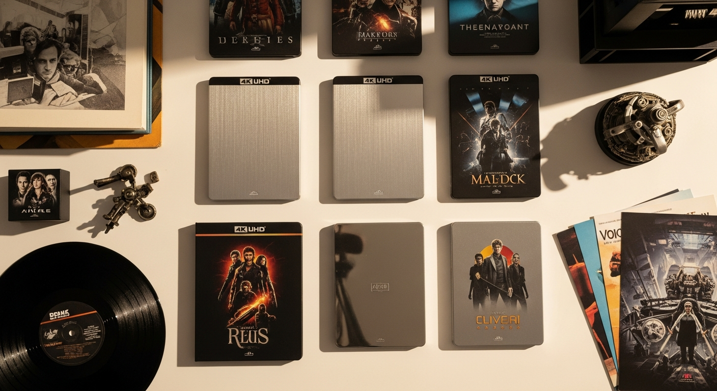 Zavvi exclusive 4K UHD steelbook collection displayed on premium shelving with dramatic lighting