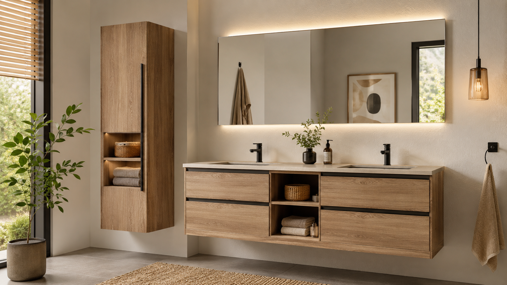 Customizable floating bathroom vanity unit in natural oak finish with double sink countertop, integrated storage drawers, matching wall cabinet, LED-backlit mirror, and modern minimalist bathroom décor.