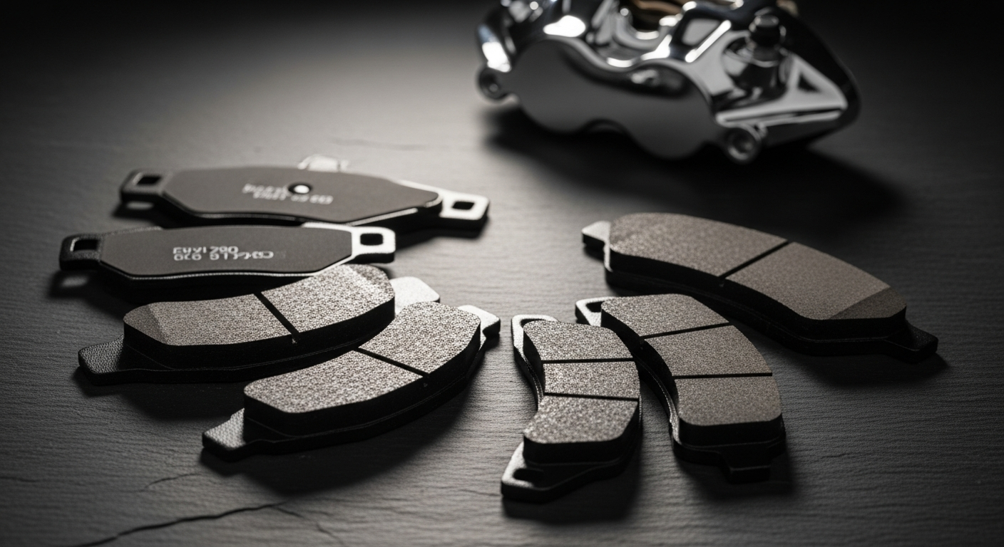 Premium brake pads set displayed with car wheel and rotor components