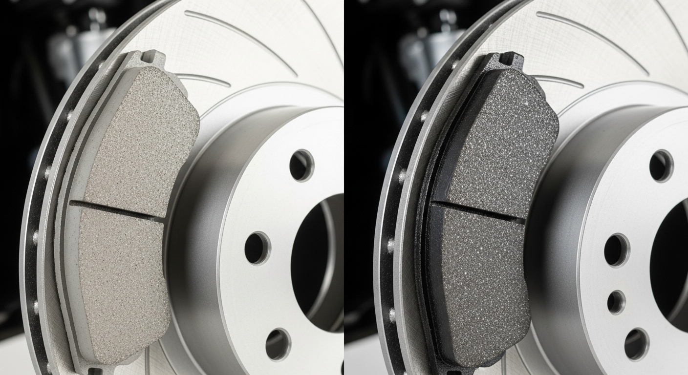 Close-up of ceramic and semi-metallic brake pads and discs comparison