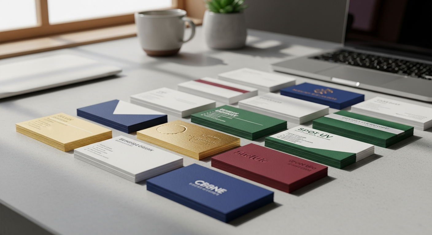 Professional custom business cards with premium finishes displayed on desk