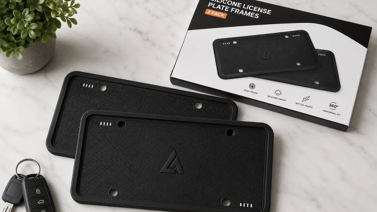 Aujen Silicone License Plate Frame installed on a vehicle for scratch and rust protection