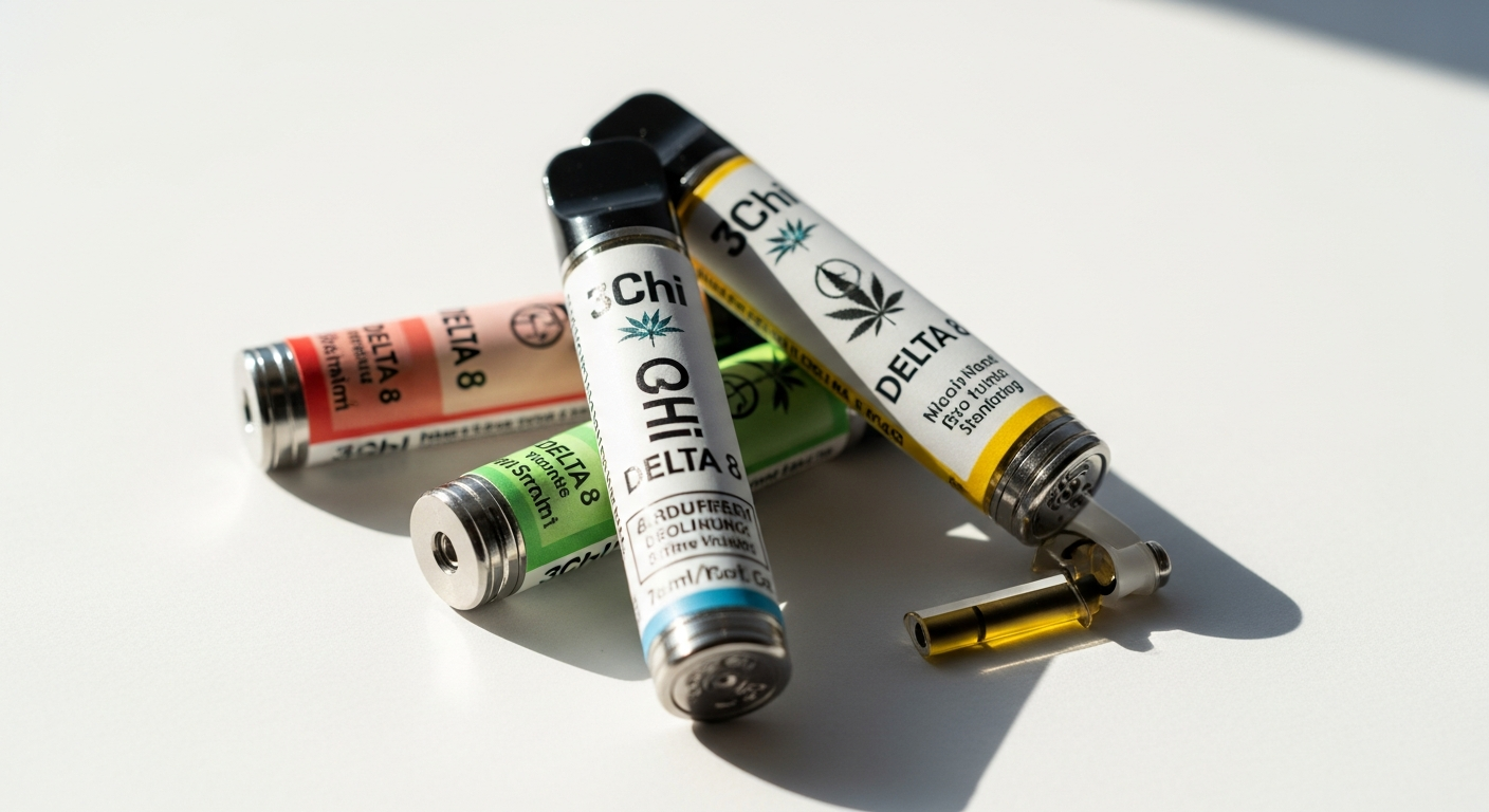 3Chi Delta 8 THC vape cartridges with multiple strain varieties displayed on white background