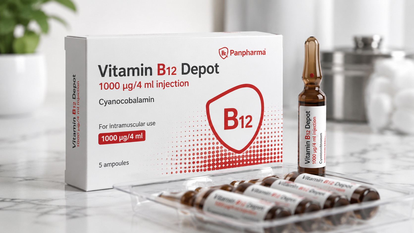 Panpharma Vitamin B12 Depot injections (cyanocobalamin 1000 µg/4 ml) box with ampoules displayed on a clean medical surface for vitamin B12 deficiency treatment.