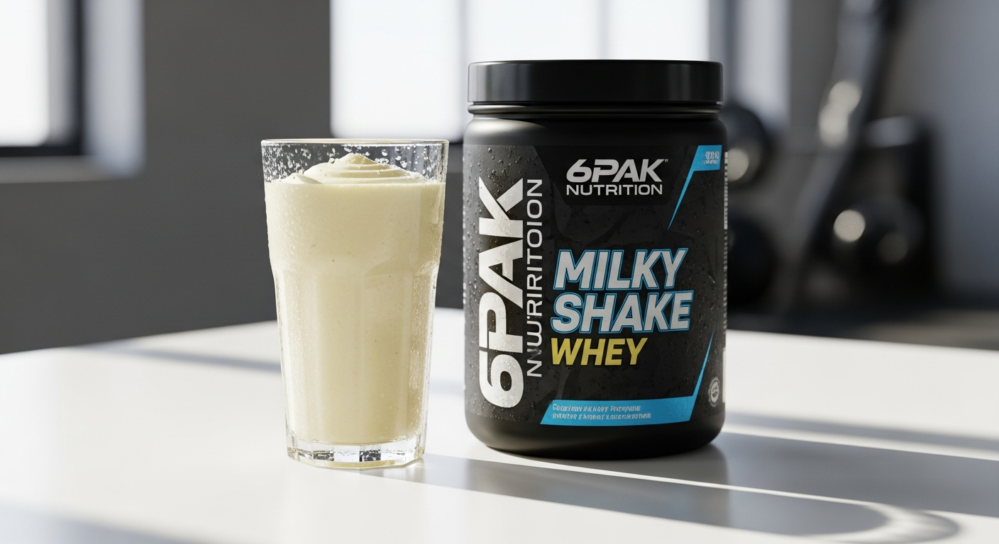 6PAK Nutrition Milky Shake Whey Protein powder in chocolate flavor with creamy shake