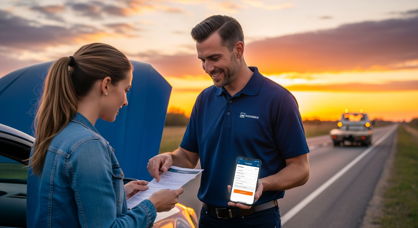 Leocare mobile app interface showing claims submission and roadside assistance features