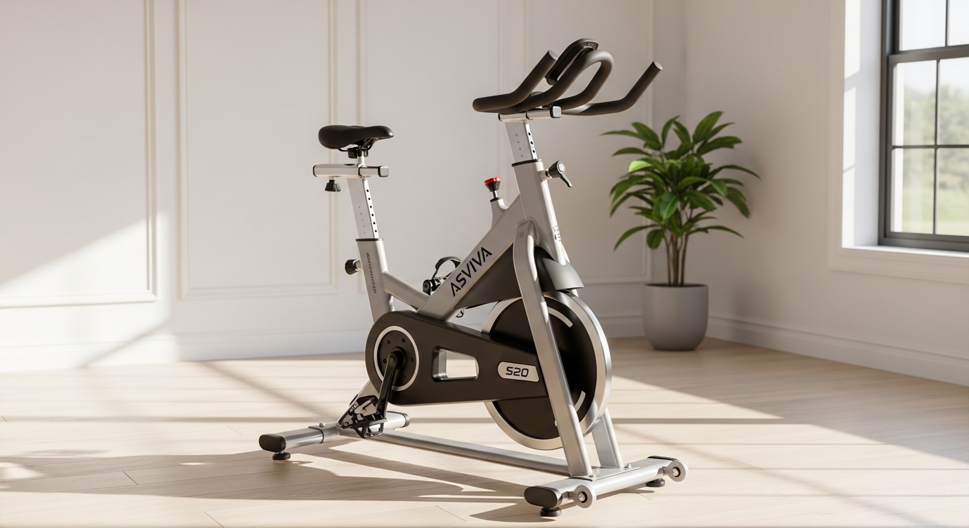 AsVIVA Speedbike Multimedia Studio Pro S20 indoor cycling bike with display screen in home gym