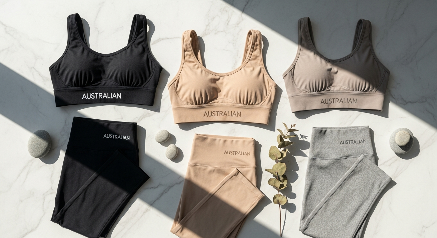 Premium Australian activewear set displayed on fit model during outdoor workout session