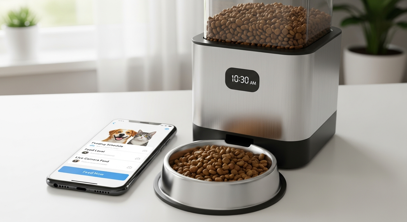 Smart automatic pet feeder with app control displaying feeding schedule on smartphone screen