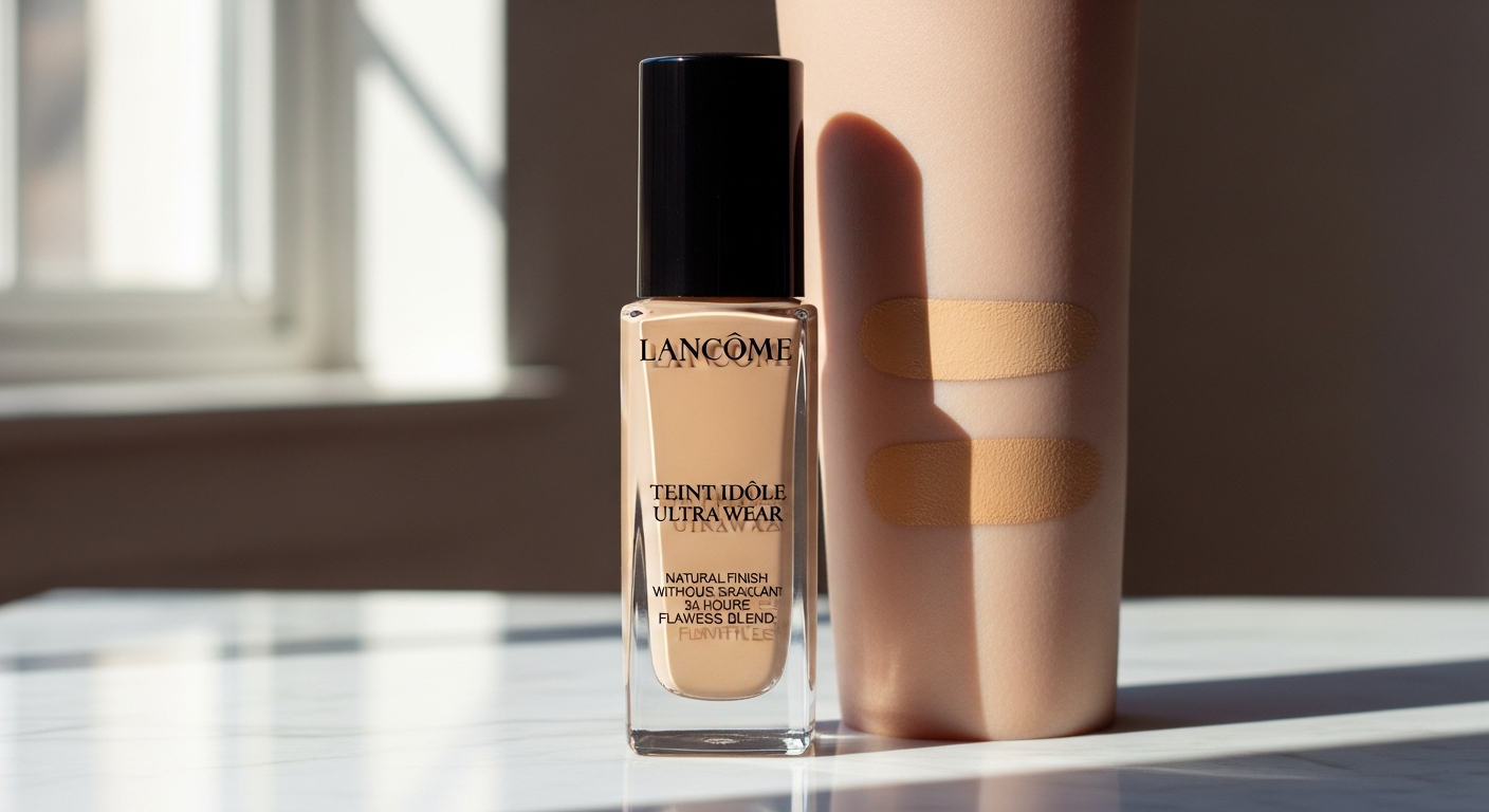 Lancôme Teint Idôle Ultra Wear Foundation bottle with pump dispenser on neutral background