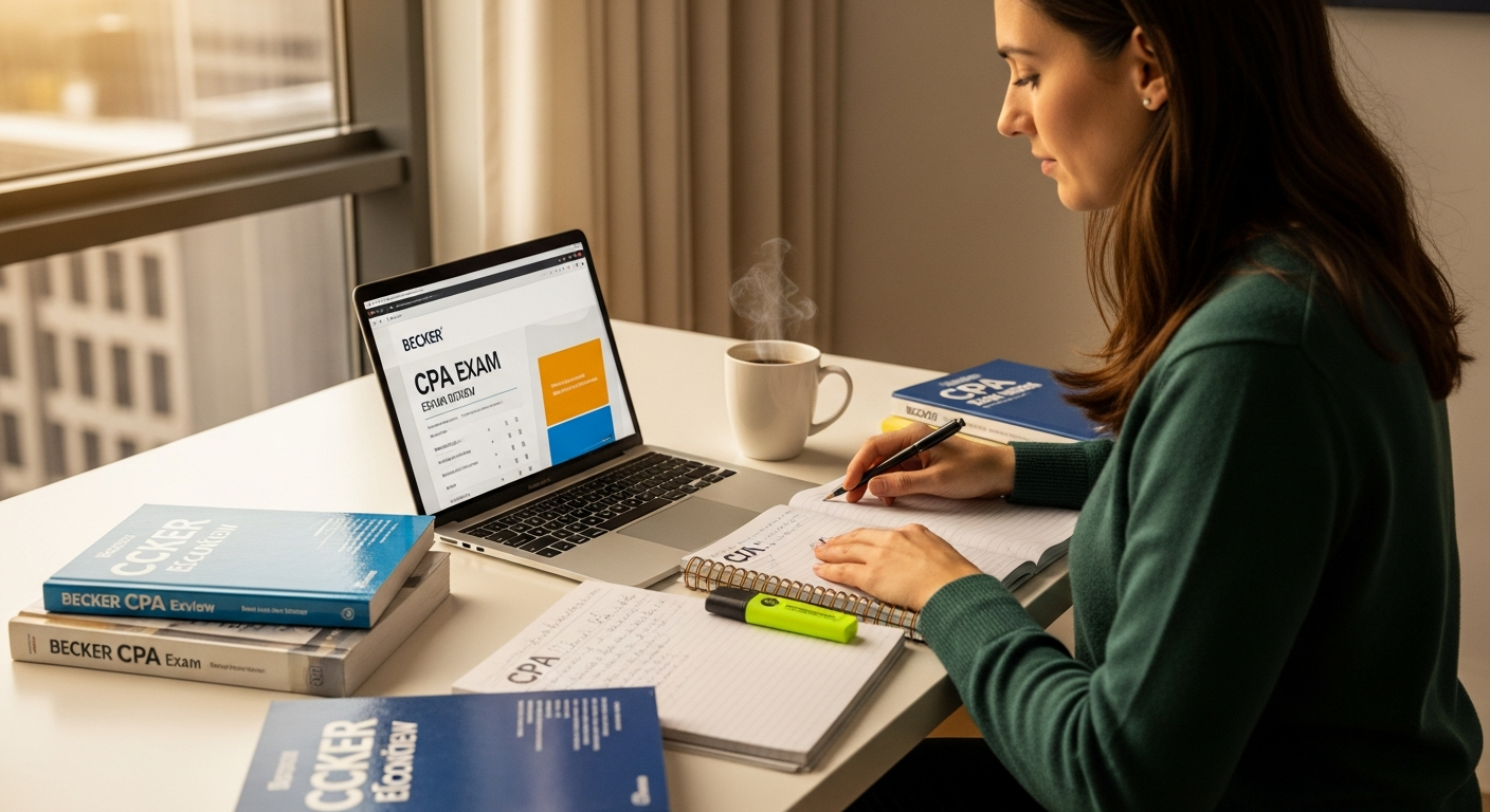 Professional accountant studying with AI-powered CPA exam review course on laptop