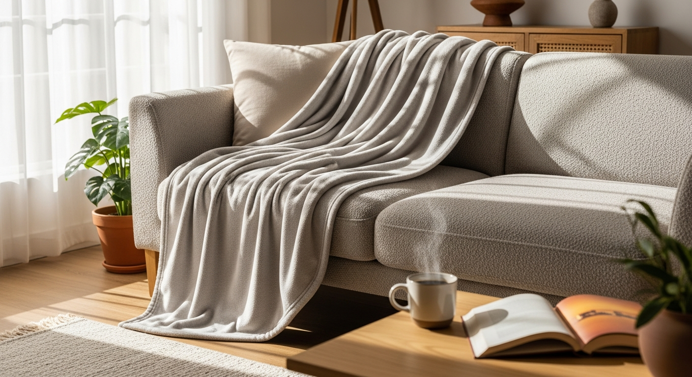 Bedsure Ultra-Soft Fleece Throw Blanket draped over couch in neutral color
