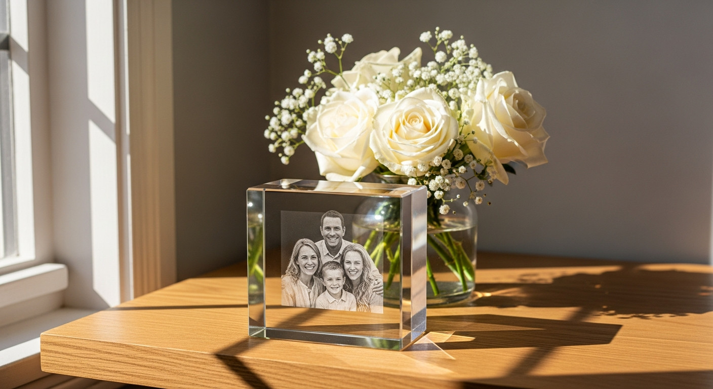 Personalized 3D crystal photo keepsake with laser-engraved family photo displayed on light base