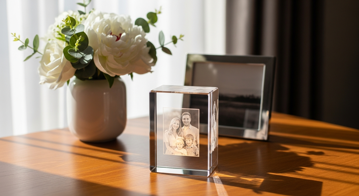Personalized 3D laser-engraved photo crystal keepsake displaying family memories