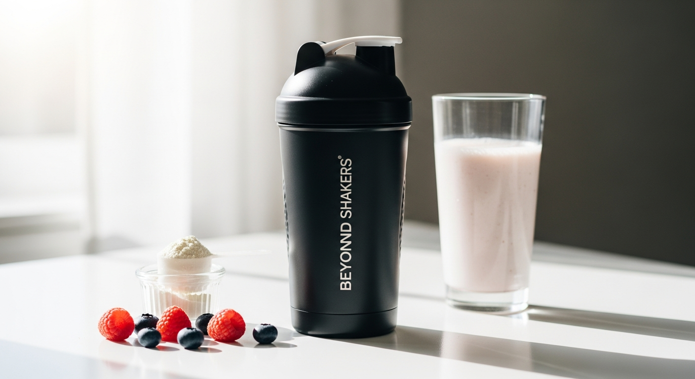 Beyond Shakers Insulated Stainless Steel Protein Shaker with double-wall vacuum insulation technology displayed