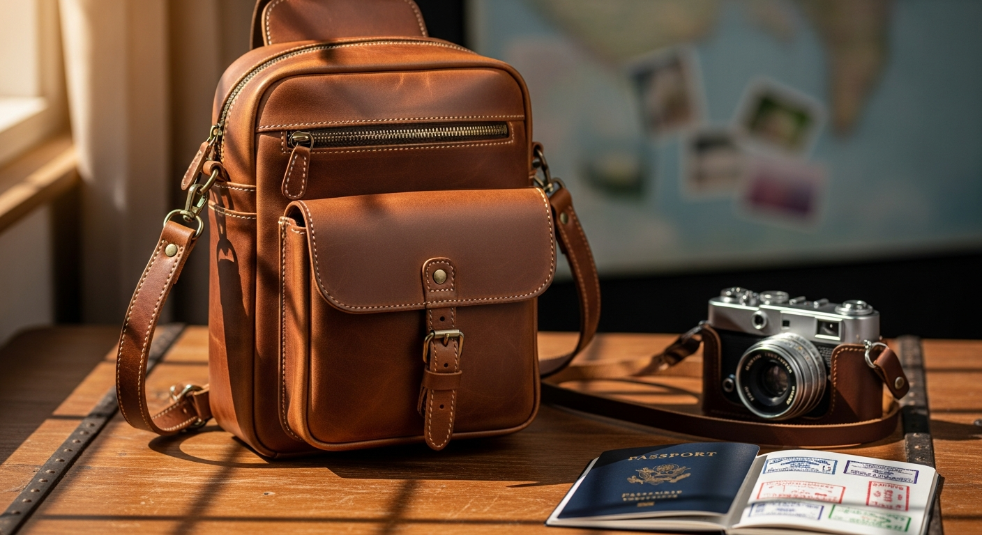Bolsa Nova Logan leather sling bag in cognac Italian washed leather